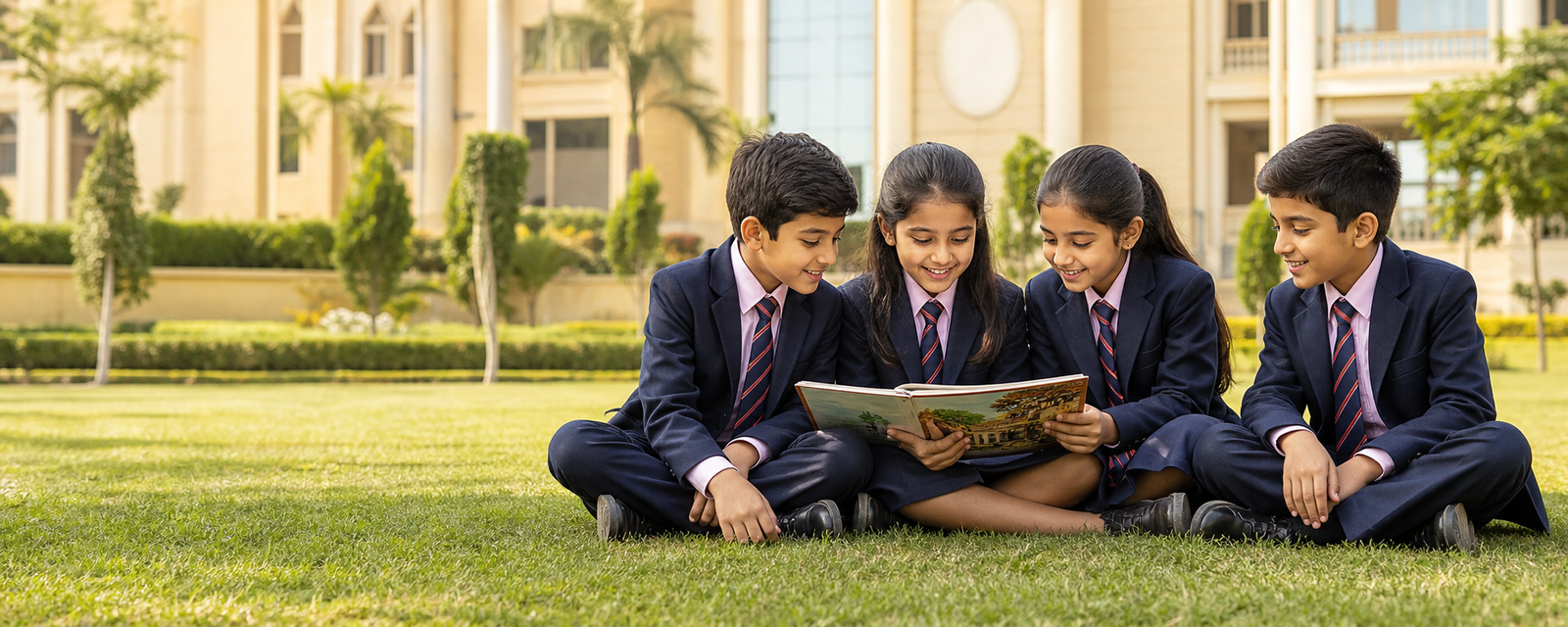 Students reading together on the school campus