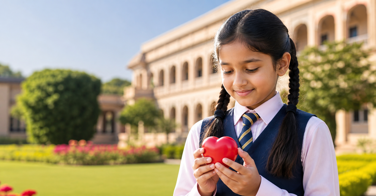 Student holding a heart at the school campus